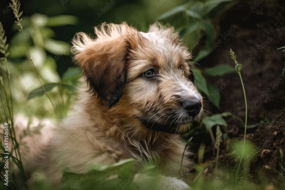 A three month old brown puppy sheepdog enjoys nature. Generative AI
