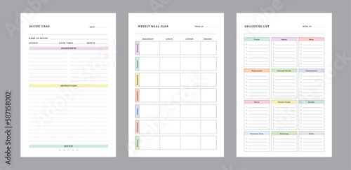 3 set of recipe card and groceries list and weekly meal planner. Vector illustration. 