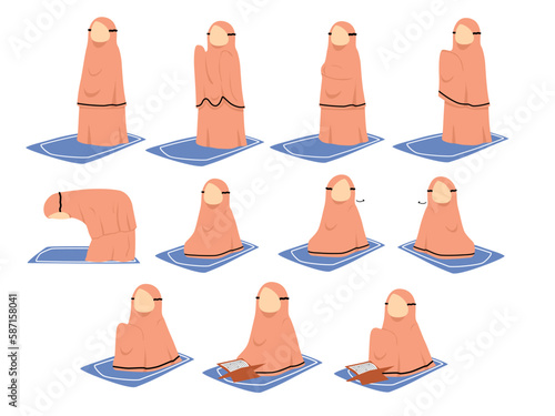 Set of handdrawn illustration of muslim girl praying