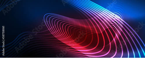 Shiny neon waves, dynamic electric motion, energy or speed concept. Vector illustration for wallpaper, banner, background, leaflet, catalog, cover, flyer