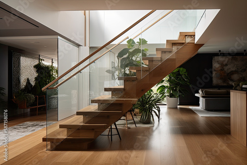 a contemporary interior design element featuring glass fencing and wooden stairs  generative AI