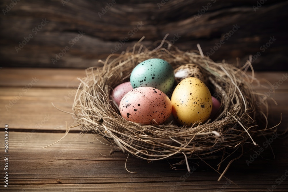 Fototapeta premium birds nest with eggs on a rustic wooden table. Generative AI