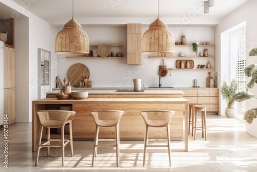 Blurred backdrop, modern hardwood kitchen panorama. Kitchenware and table. Scandinavian bohemian decor,. Generative AI