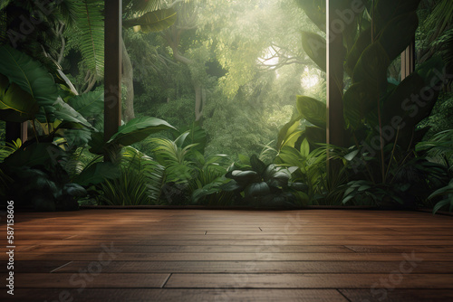 Wooden floor in tropical garden with sunlight. Generative AI