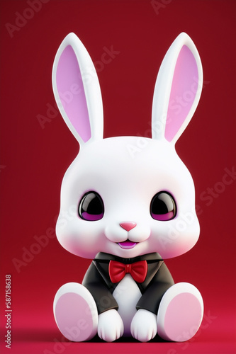 Illustration of a cute white rabbit wearing a stylish red bow tie in cartoon style created with Generative AI technology