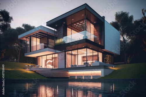 Very modern luxury house with pool, evening. High quality generative ai © MVProductions