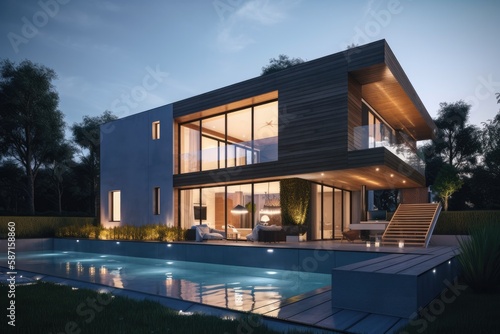 Very modern luxury house with light up pool, evening. High quality generative ai