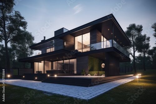 Very modern luxury house, evening. High quality generative ai © MVProductions