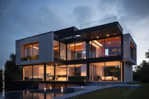 Very modern luxury house at evening, with pool. High quality generative ai © MVProductions