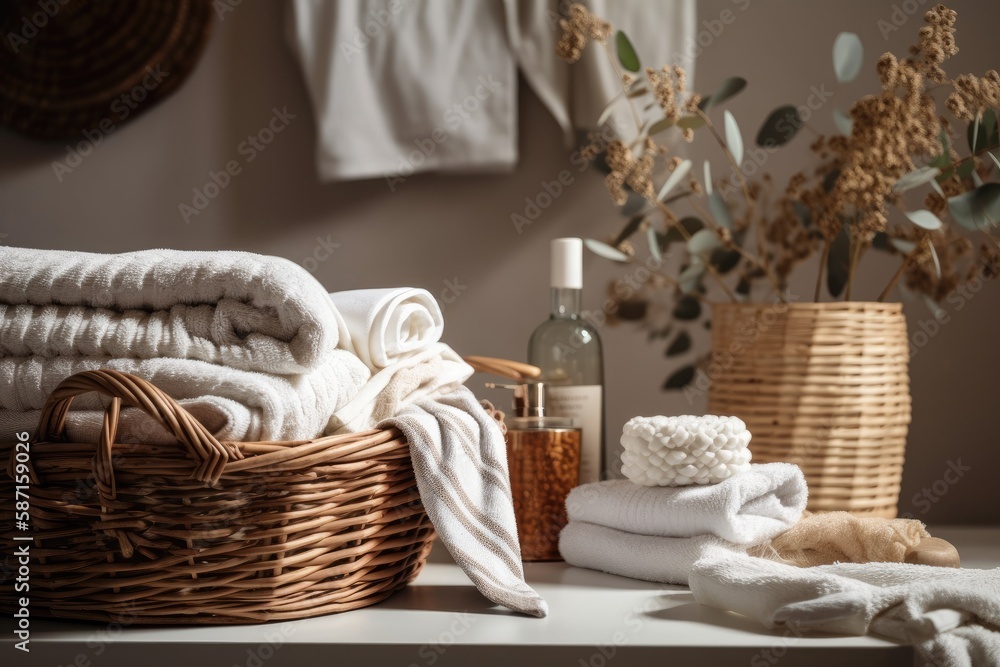 Towels and other household items are stored in a stack of white wicker baskets on a bathroom shelf. idea mockup for an interior background. Generative AI Towels and other household items are stored in a stack of white wicker baskets on a bathroom shelf. idea mockup for an interior background. Generative AI