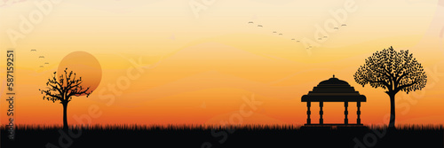 south indian 4 pillar temple hall silhouette landscape sunset, sunrise. Kovil mandapam banner, wallpaper, wedding card, poster design.