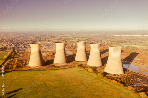 Aerial Photo Of Thermal Power Plant. Power station with cooling towers. Aerial view of the the nuclear power plant. large Coal Fired Power Station. Willington Power Station Cooling Towers.