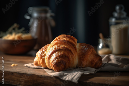 Fresh croissant bread, famous food in France in the professional background with butter and honey, generative AI.