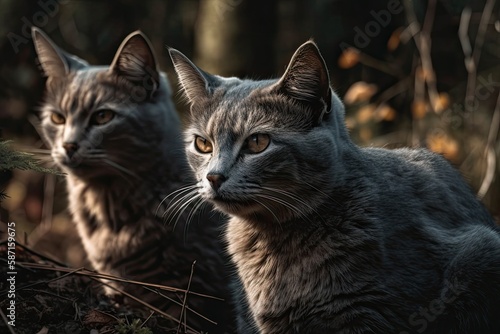 a garden with two gray cats. Generative AI