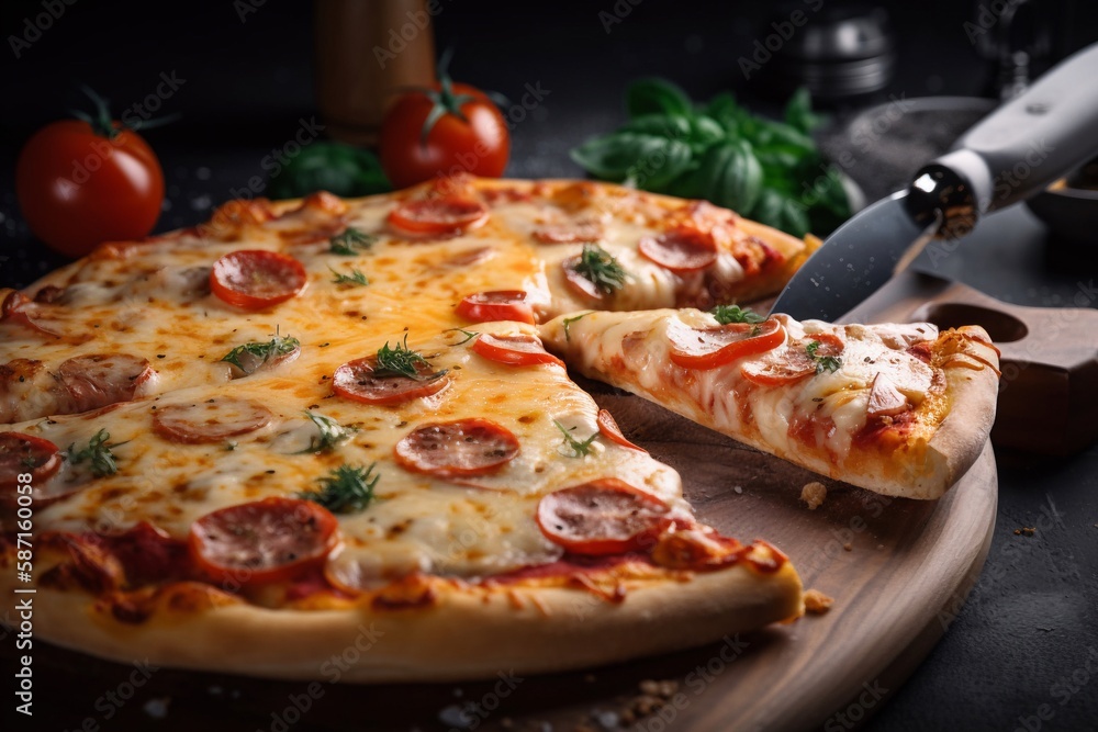 pizza with basil and vegetables on cutting board