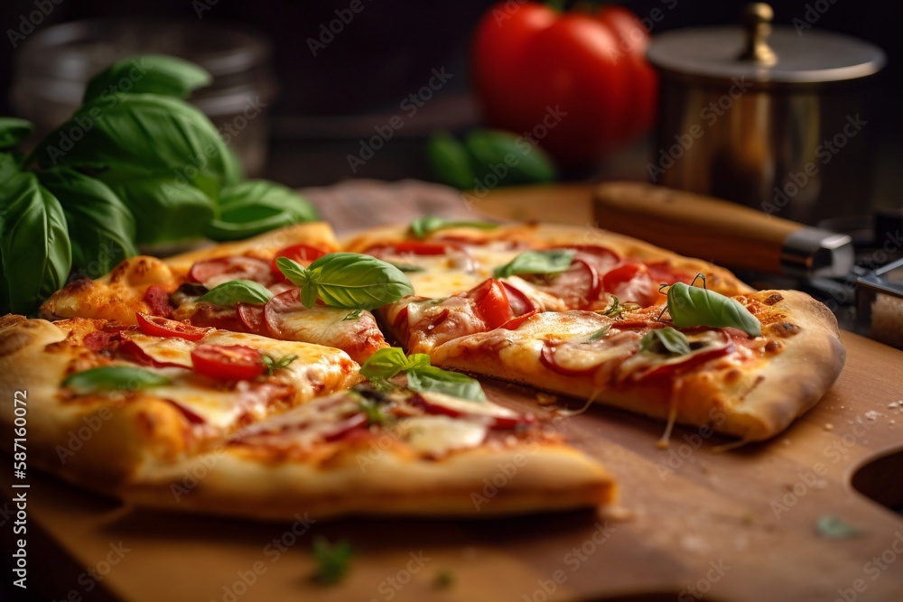 pizza with basil and vegetables on cutting board