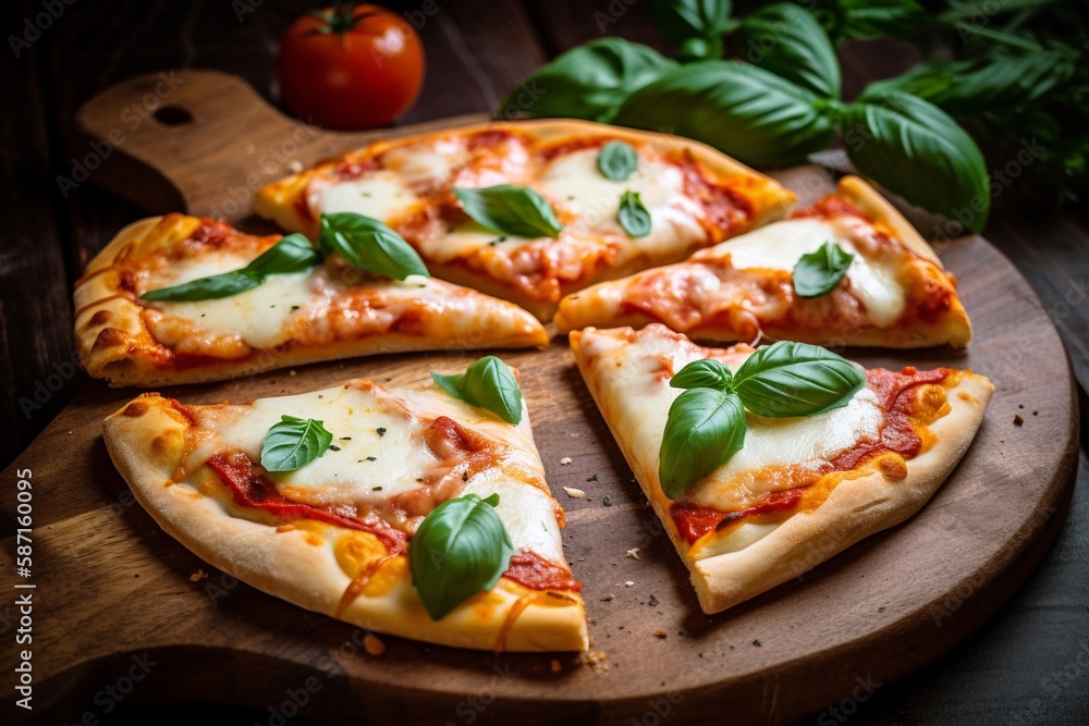 pizza with basil and vegetables on cutting board pizza with basil and vegetables on cutting board