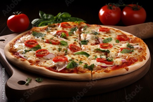 pizza with basil and vegetables on cutting board