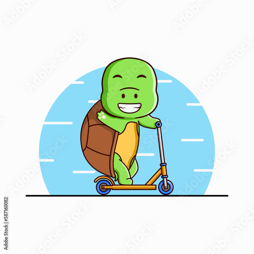 Cute Turtle Playing Scooter Vector Cartoon Illustration Icon Sport Mascot. Cartoon Style.