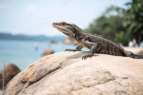 A monitor lizard perches on a rock. Generative AI