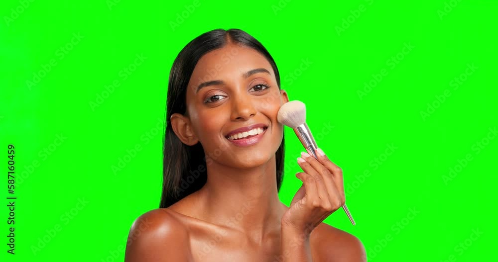 Woman, makeup and face brush on green screen, studio and skincare foundation, blush or contour. Happy female model, portrait and brushing facial powder, beauty cosmetics and smile on color background Woman, makeup and face brush on green screen, studio and skincare foundation, blush or contour. Happy female model, portrait and brushing facial powder, beauty cosmetics and smile on color background