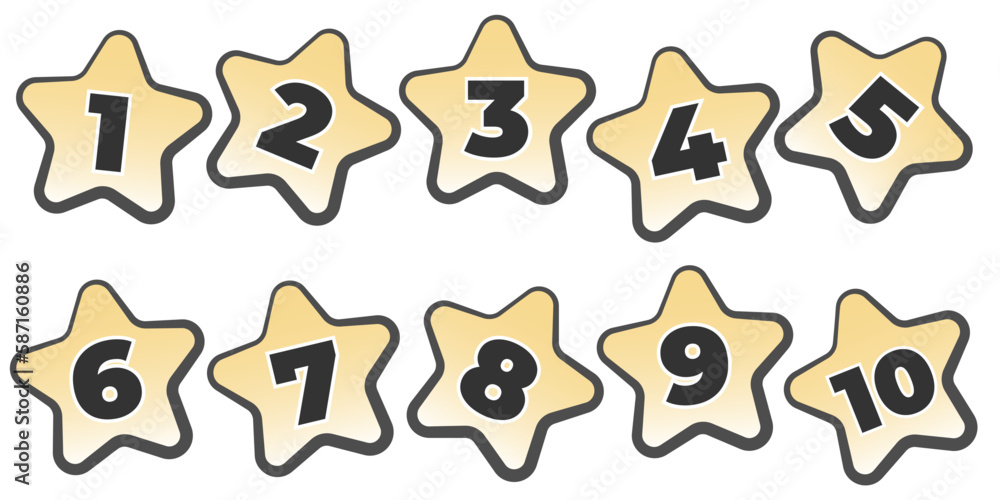 Dark gray numbers with a white border on a yellow star with a dark stroke from 1 to 10 for any design with dates, just for a greeting card or serial number. Vector collection