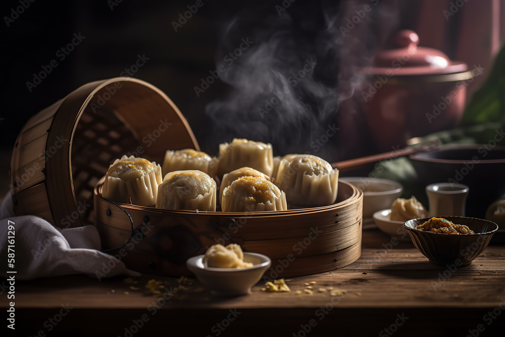 Close up photographic dim sum in a bamboo steamer, Chinese cuisine, generative AI - obrazy, fototapety, plakaty 