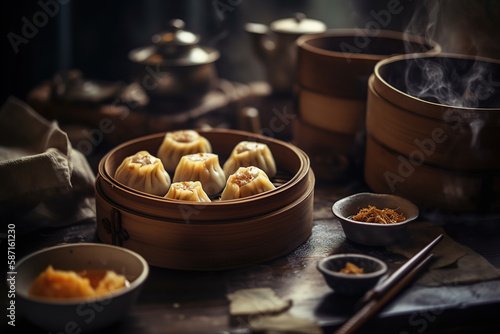 Close up photographic dim sum in a bamboo steamer, Chinese cuisine, generative AI