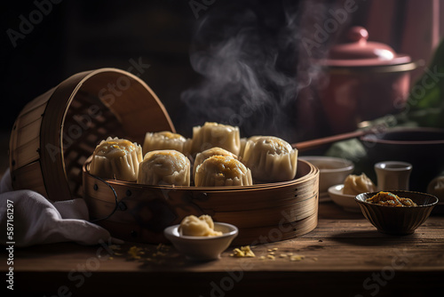 Close up photographic dim sum in a bamboo steamer, Chinese cuisine, generative AI