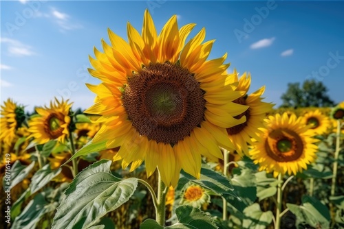 picturesque field of golden sunflowers under a bright blue sky. Generative AI