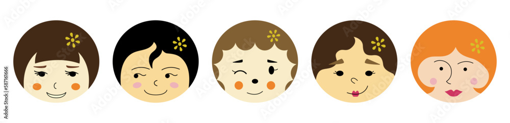 Feminine look, abstract personage, mascot design, funny face, cute icon. Feminine look, abstract personage, mascot design, funny face, cute icon.