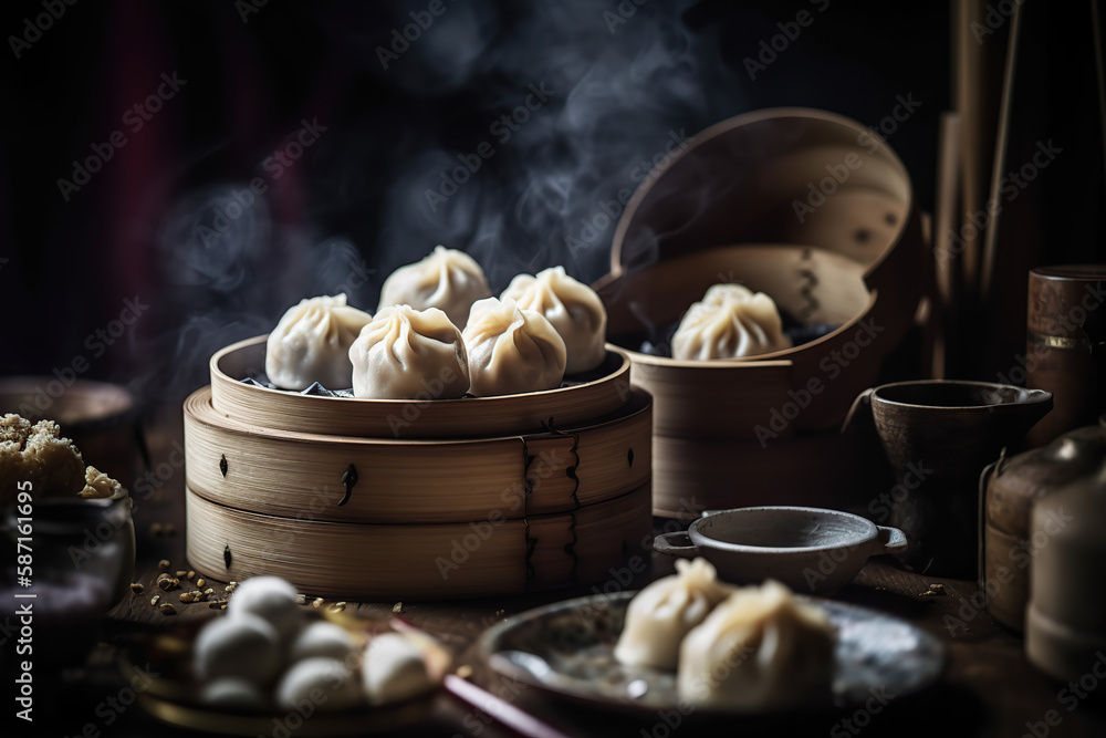 Close up photographic dim sum in a bamboo steamer, Chinese cuisine, generative AI Close up photographic dim sum in a bamboo steamer, Chinese cuisine, generative AI