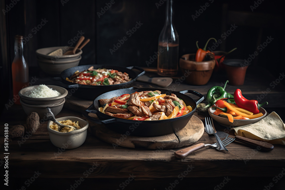 Beef Steak Fajitas  with onions and colored pepper served with tortilla in the wood plate in Mexico, in professional background generative AI.