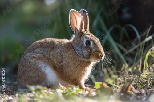 A adorable  plump brown rabbit eating some food in the sun is shown up close. Generative AI