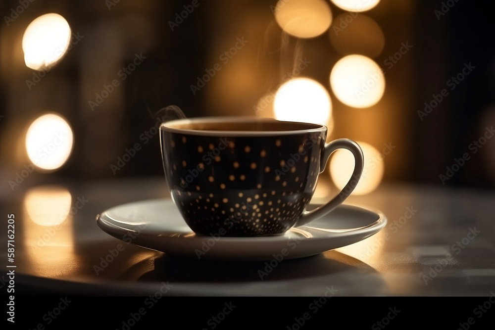 Close-up of Coffee Cup on Restaurant Table with Bokeh Lights in the Background Close-up of Coffee Cup on Restaurant Table with Bokeh Lights in the Background