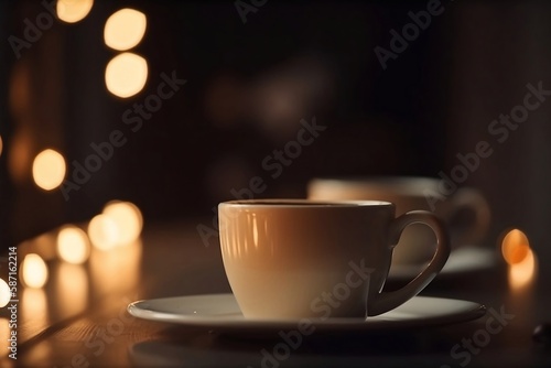 Close-up of Coffee Cup on Restaurant Table with Bokeh Lights in the Background