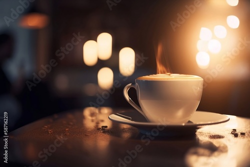 Close-up of Coffee Cup on Restaurant Table with Bokeh Lights in the Background