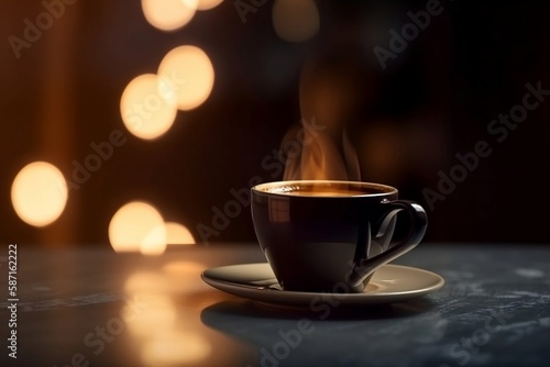 Close-up of Coffee Cup on Restaurant Table with Bokeh Lights in the Background