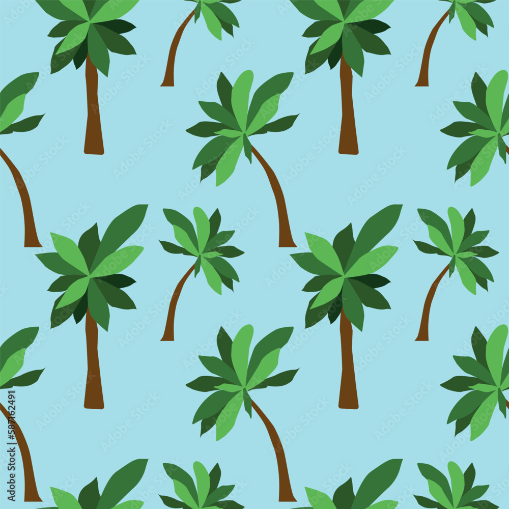 Seamless vector pattern. Palm trees on a blue background. Flat style, tropics, summer.