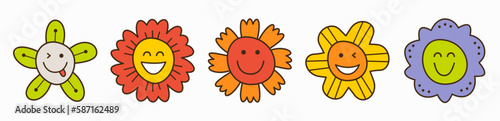 Smiling flower, abstract personage, mascot design, funny face, cute icon.