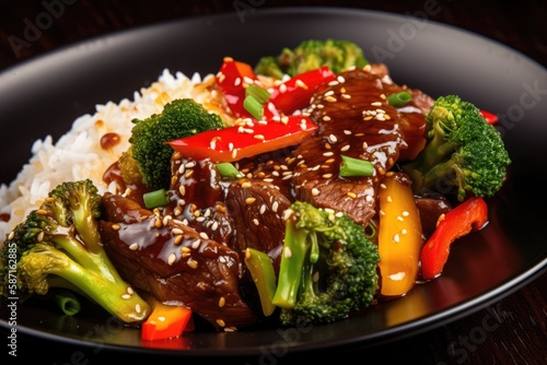 Asian food teriyaki beef with red and yellow bell peppers, broccoli and sesame seeds close up on a plate on a black table. horizontal. Generative AI
