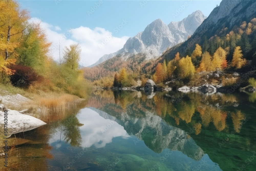 Mountain panorama of a beautiful alpine autumn view with reflections in a lake. Mountain landscape, lake and mountain range, large panorama, generative AI