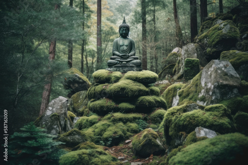 Green golden Buddha statue sits on the rock pile among forest trees. Mystical forest landscape with traditional japanese pagoda. Zen landscape. Japanese temple in the forest, generative AI