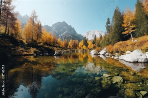 Mountain panorama of a beautiful alpine autumn view with reflections in a lake. Mountain landscape  lake and mountain range  large panorama  generative AI