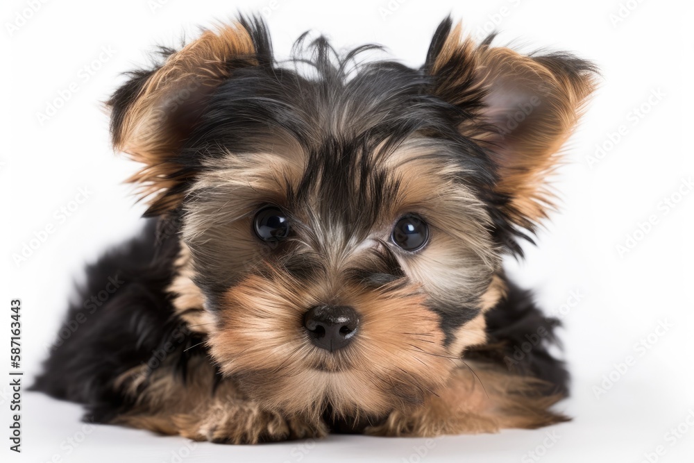 Yorkshire terrier puppy from Biewer posing on a white background. Generative AI Yorkshire terrier puppy from Biewer posing on a white background. Generative AI