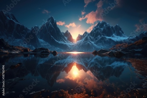 serene lake reflecting the majestic mountain range in the background. Generative AI
