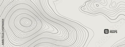 The stylized height of the topographic contour in lines. The concept of a conditional geography scheme and the terrain path. Black & White. Wide size. Vector illustration.	