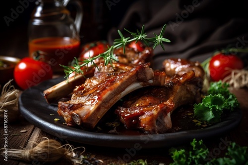 grilled pork ribs with vegetables on a plate