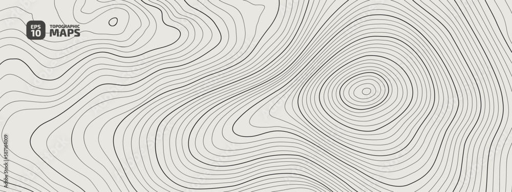 The stylized height of the topographic contour in lines. The concept of a conditional geography scheme and the terrain path. Black & White. Ultra wide size. Vector illustration.	