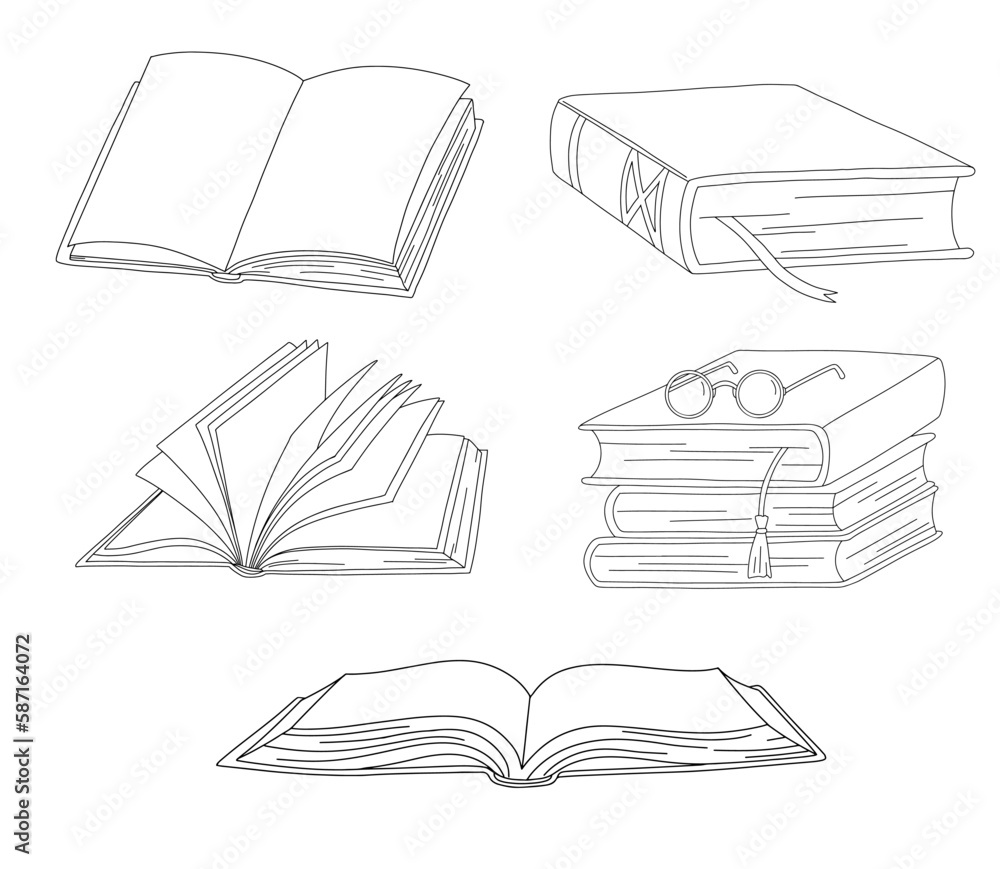 Vector line books with bookmark and glasses. Outline illustration set. Open book line icon